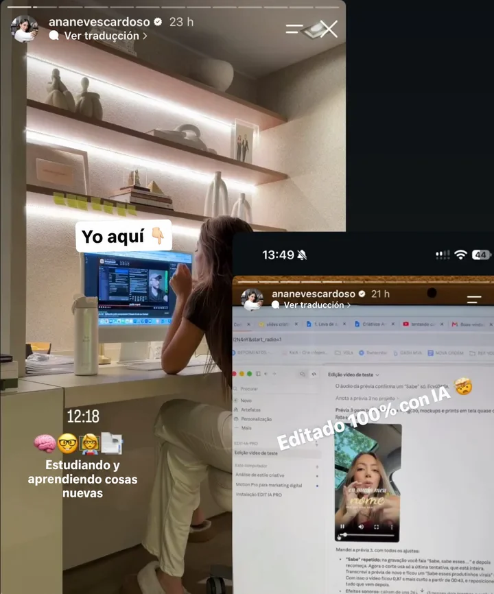 Dos historias de Instagram de Ana Neves Cardoso, traducidas del portugués: ella en la computadora, estudiando y aprendiendo cosas nuevas, y Claude editando su video de prueba, con la frase Editado 100% con IA.
